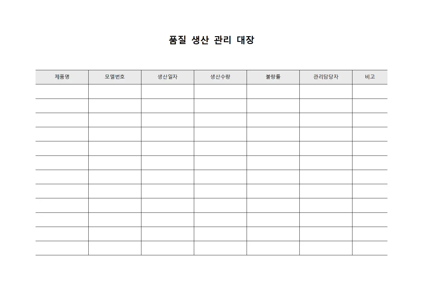 품질 생산 관리 대장 서식문서