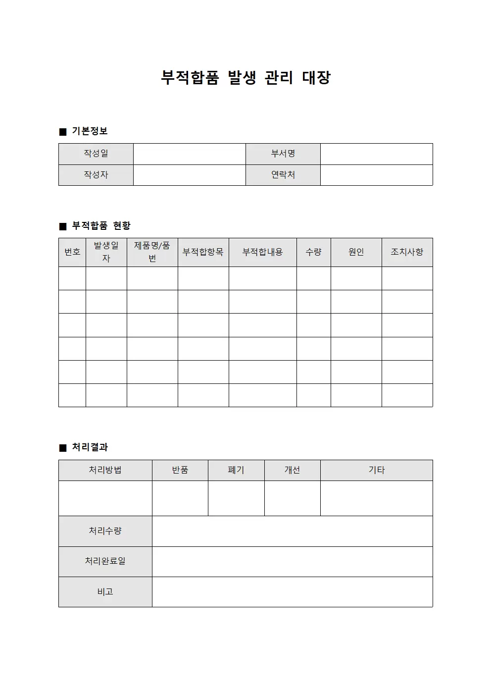 부적합품발생관리대장 양식문서