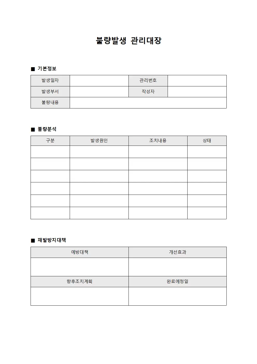 불량발생 관리대장