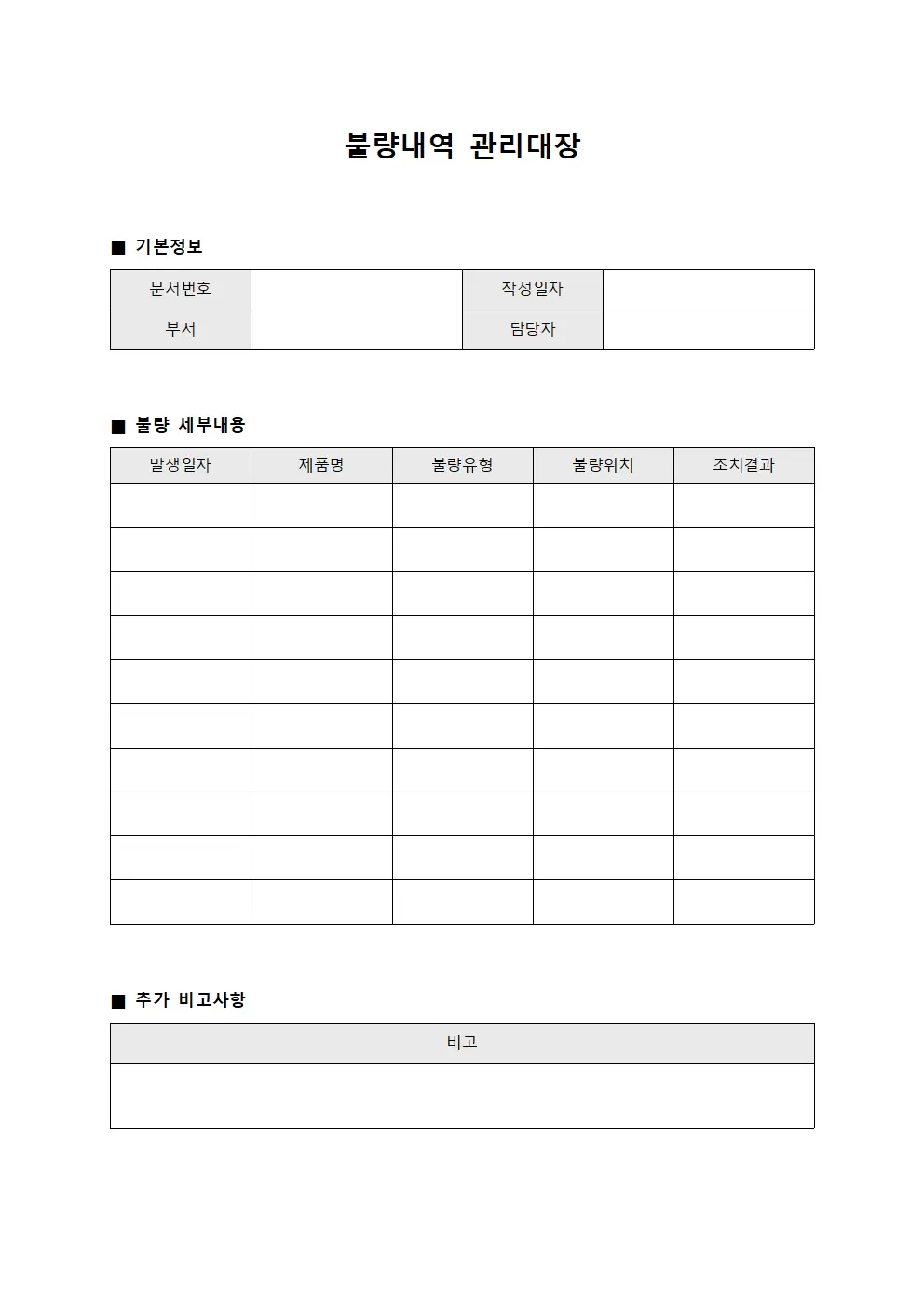 불량내역 관리대장 서식