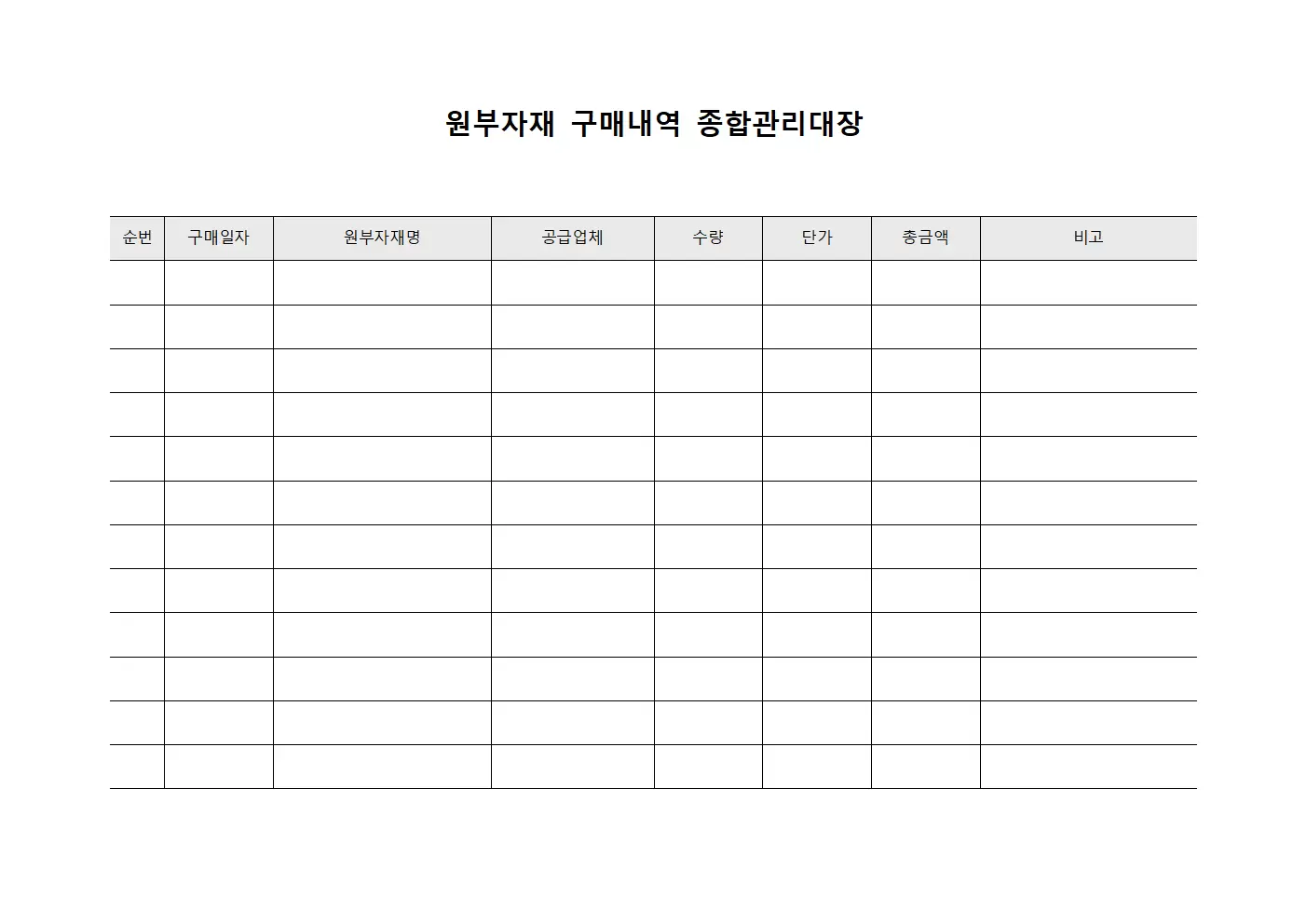 원부자재 구매내역 종합관리대장