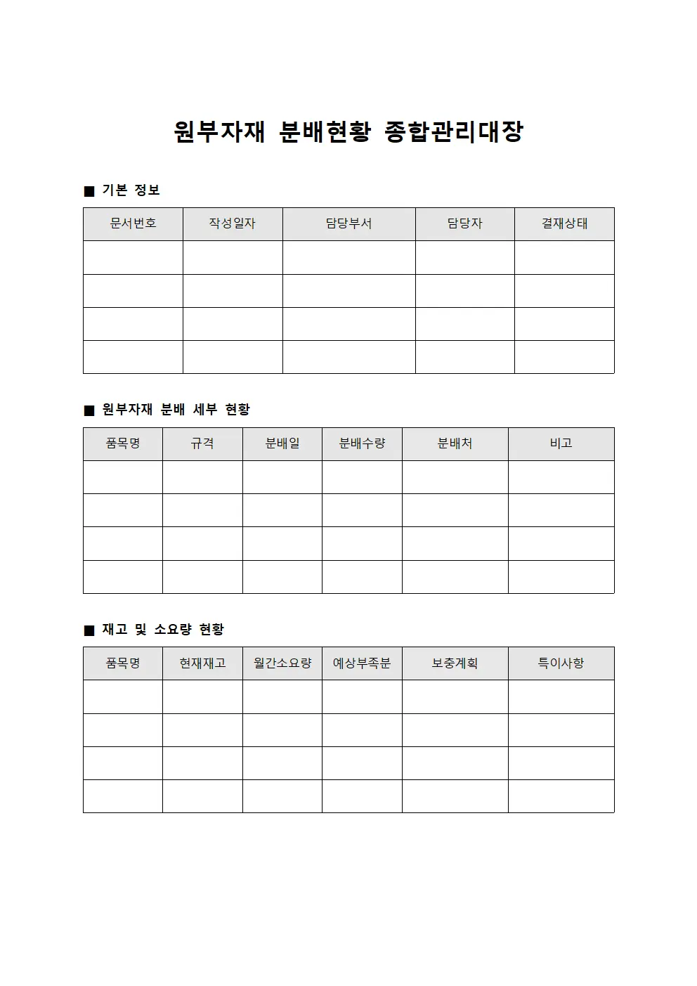 원부자재 분배현황 종합관리대장