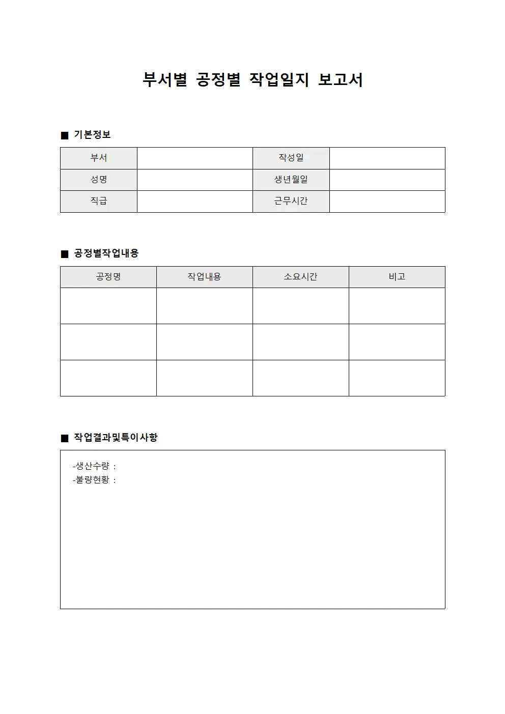 부서별 공정별작업일지 보고서