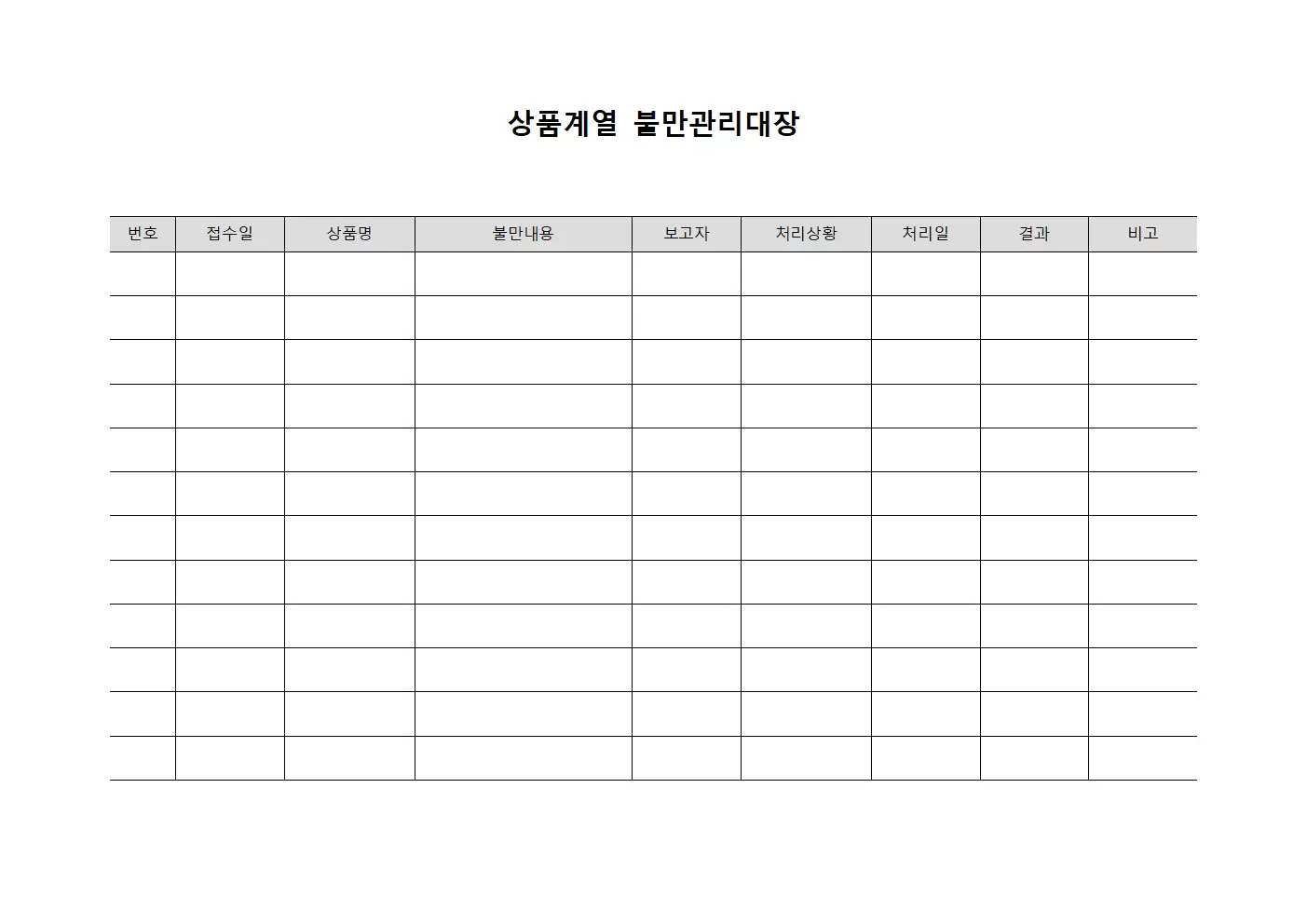 상품계열 불만관리대장 서식