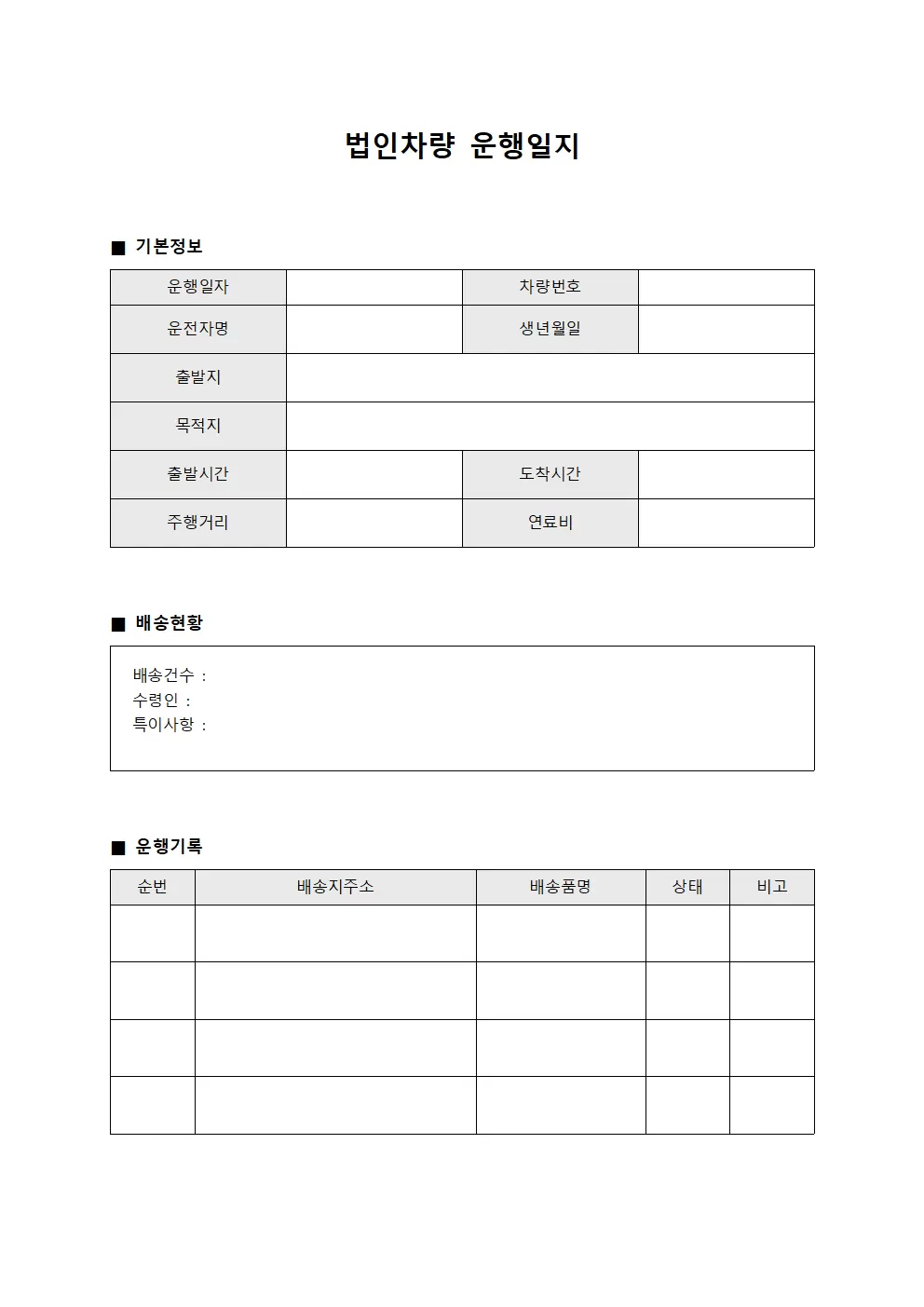 법인차량운행일지 (배송현황)
