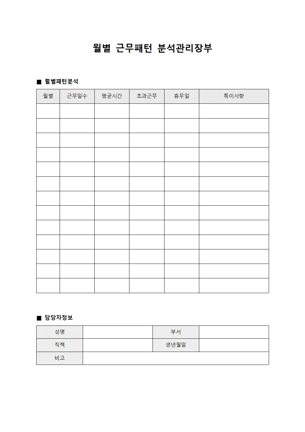 월별 근무패턴 분석관리장부 양식