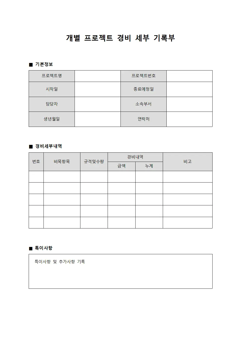 개별 프로젝트 경비 세부 기록부 양식