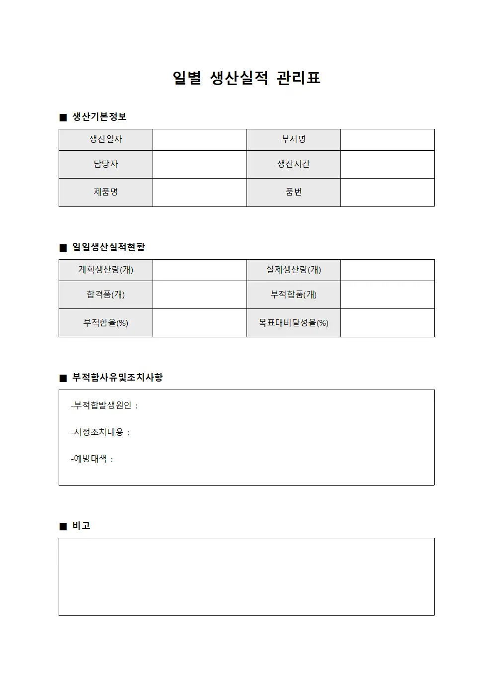일별 생산실적 관리표