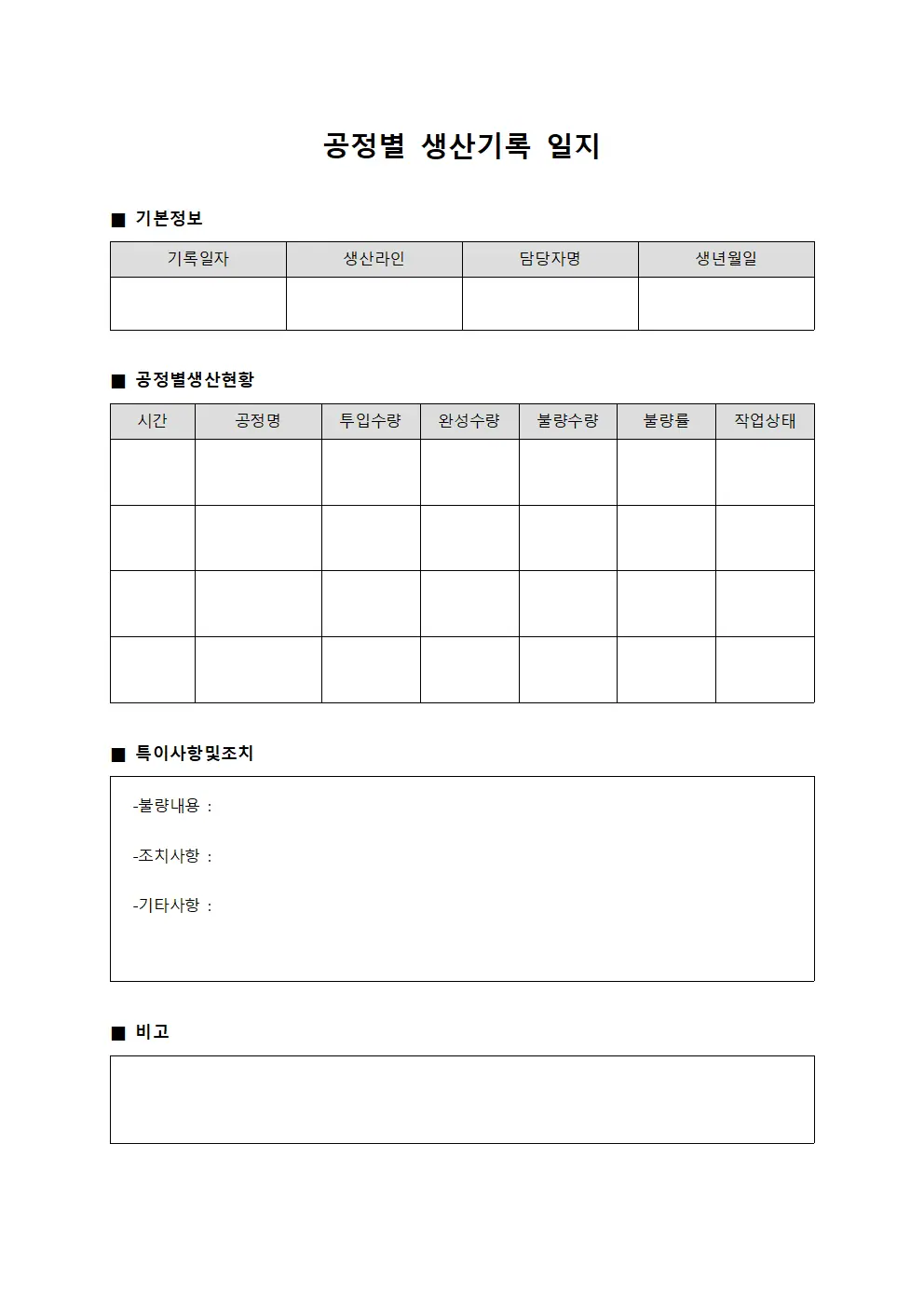 공정별 생산기록 일지