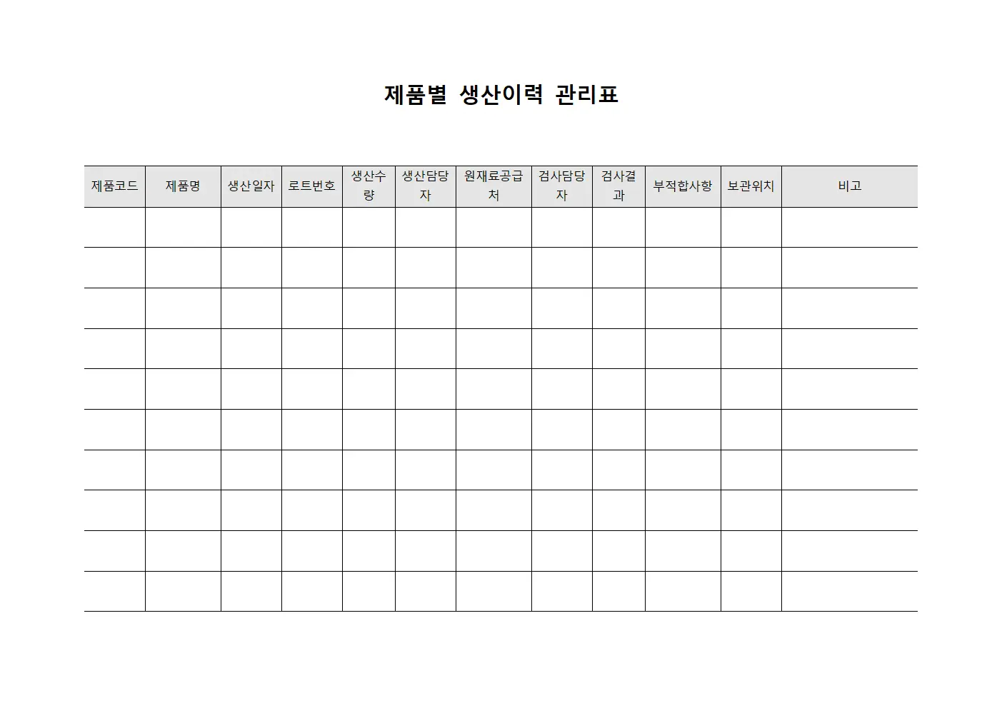 제품별 생산이력 관리표 서식문서