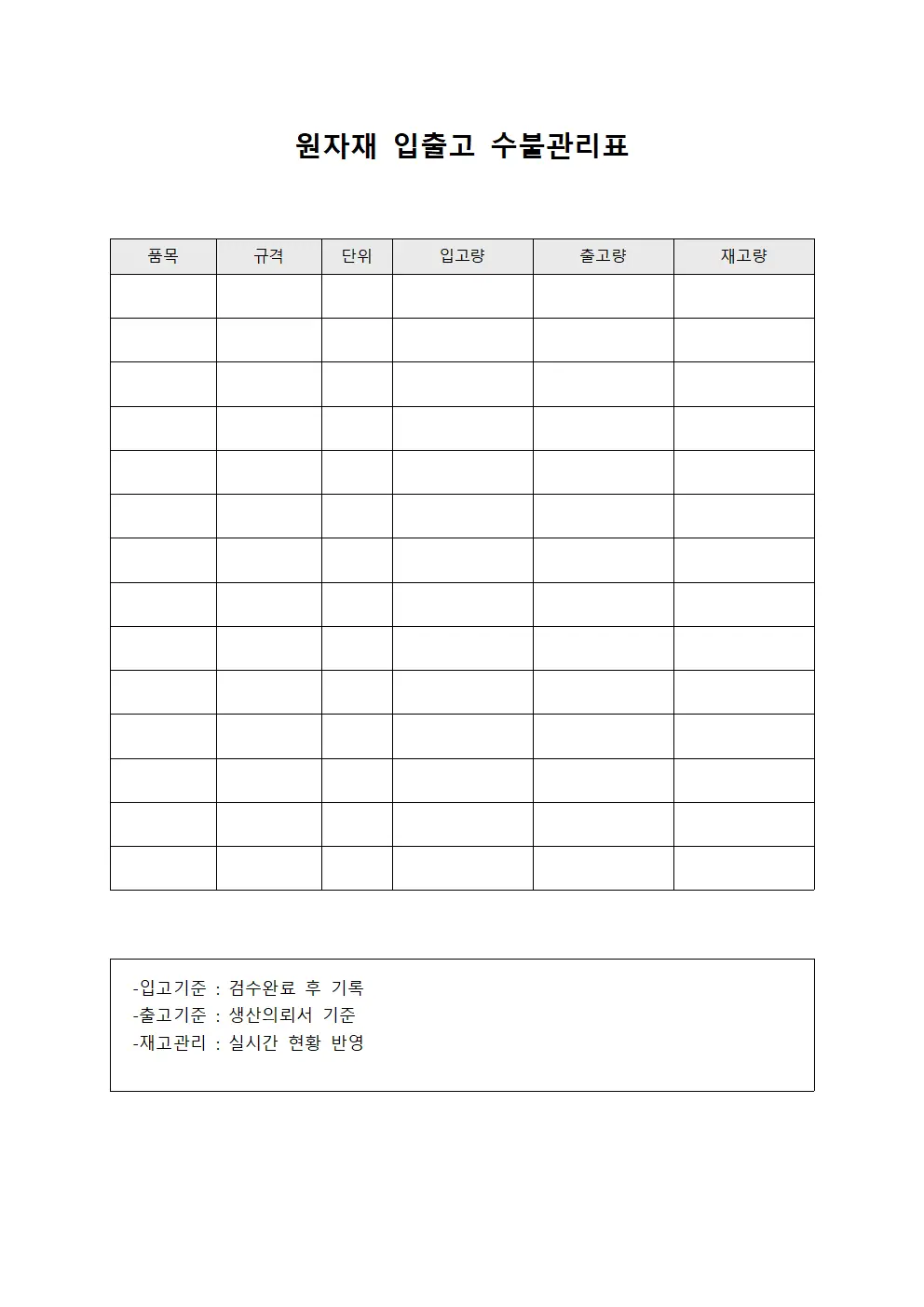 원자재 입출고 수불관리표 양식문서