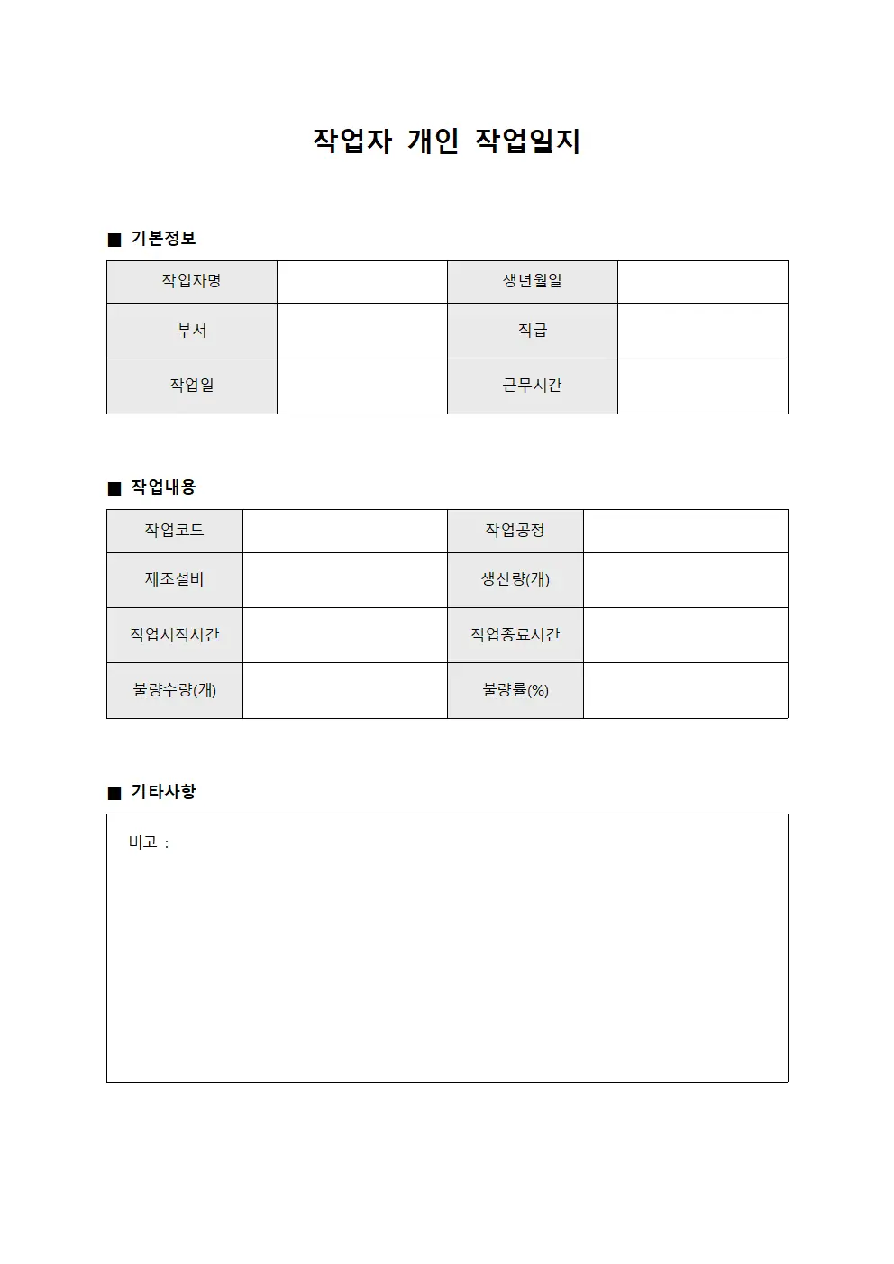 작업자 개인 작업일지 템플릿
