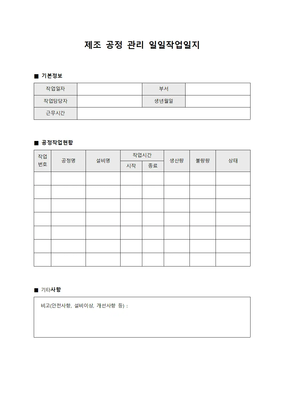 제조 공정 관리 일일작업일지 양식.서식