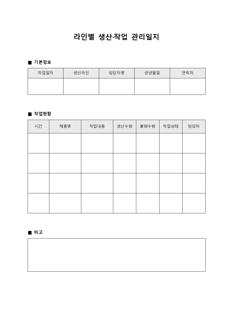 라인별 생산·작업 관리일지 서식문서