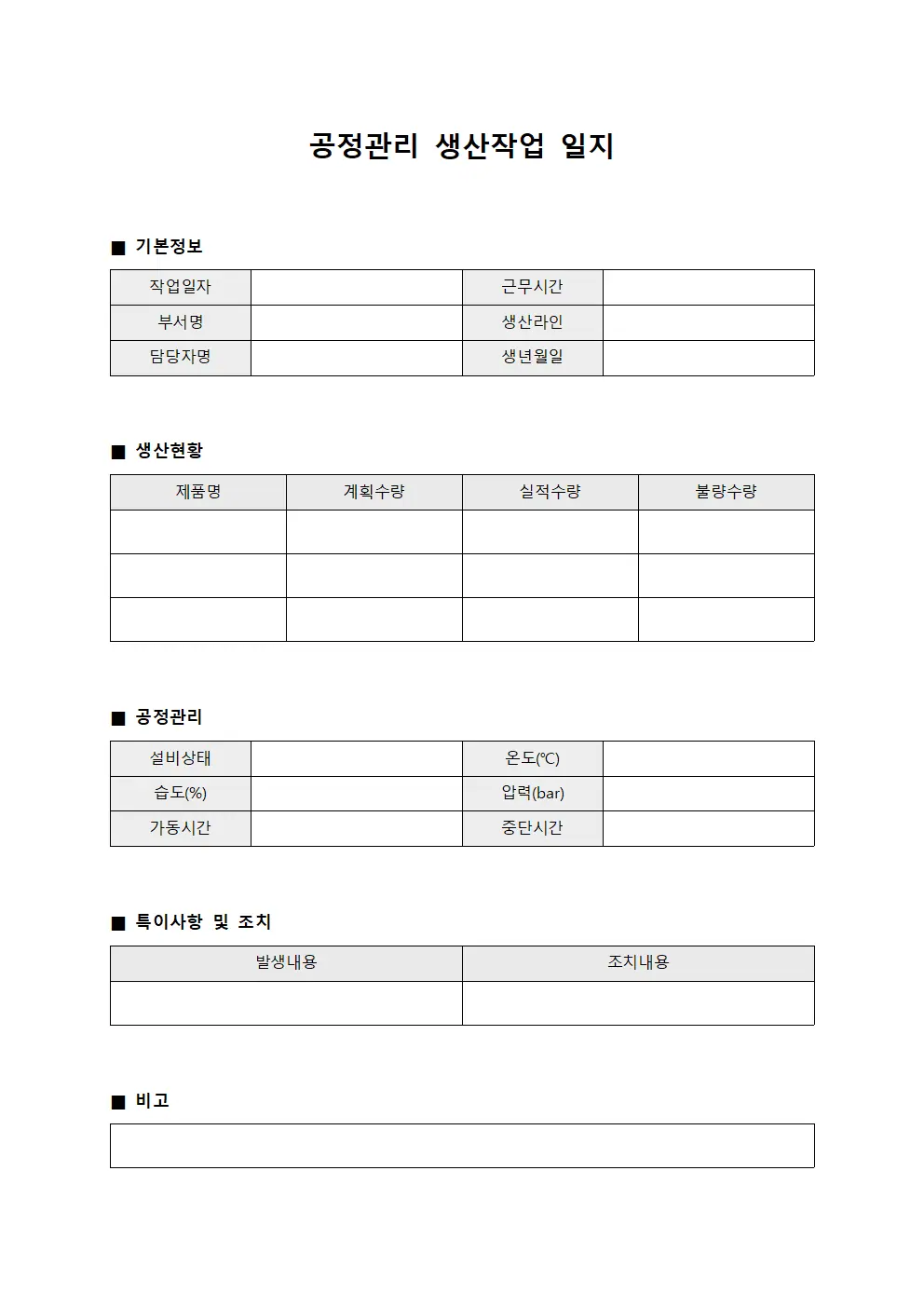 공정관리 생산작업 일지 템플릿