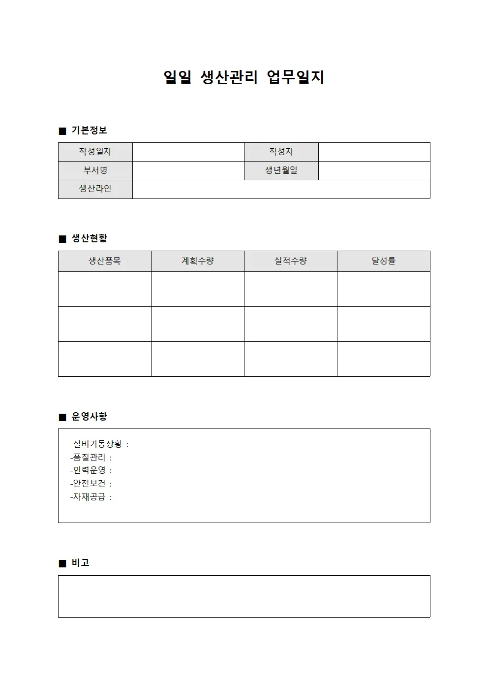 일일 생산관리 업무일지