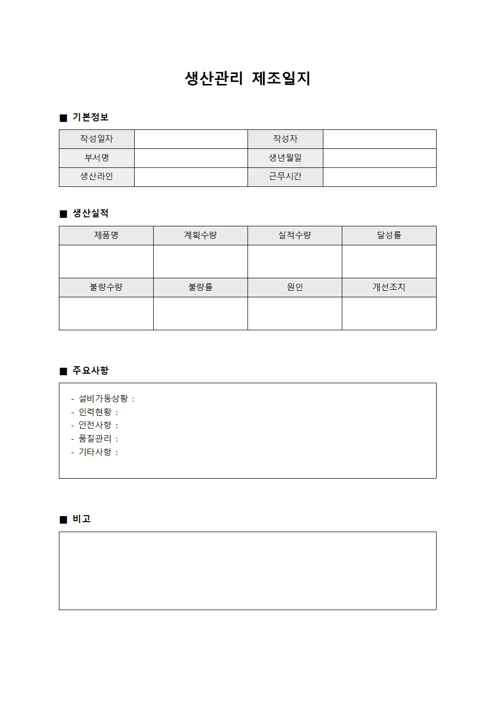 생산관리 제조일지