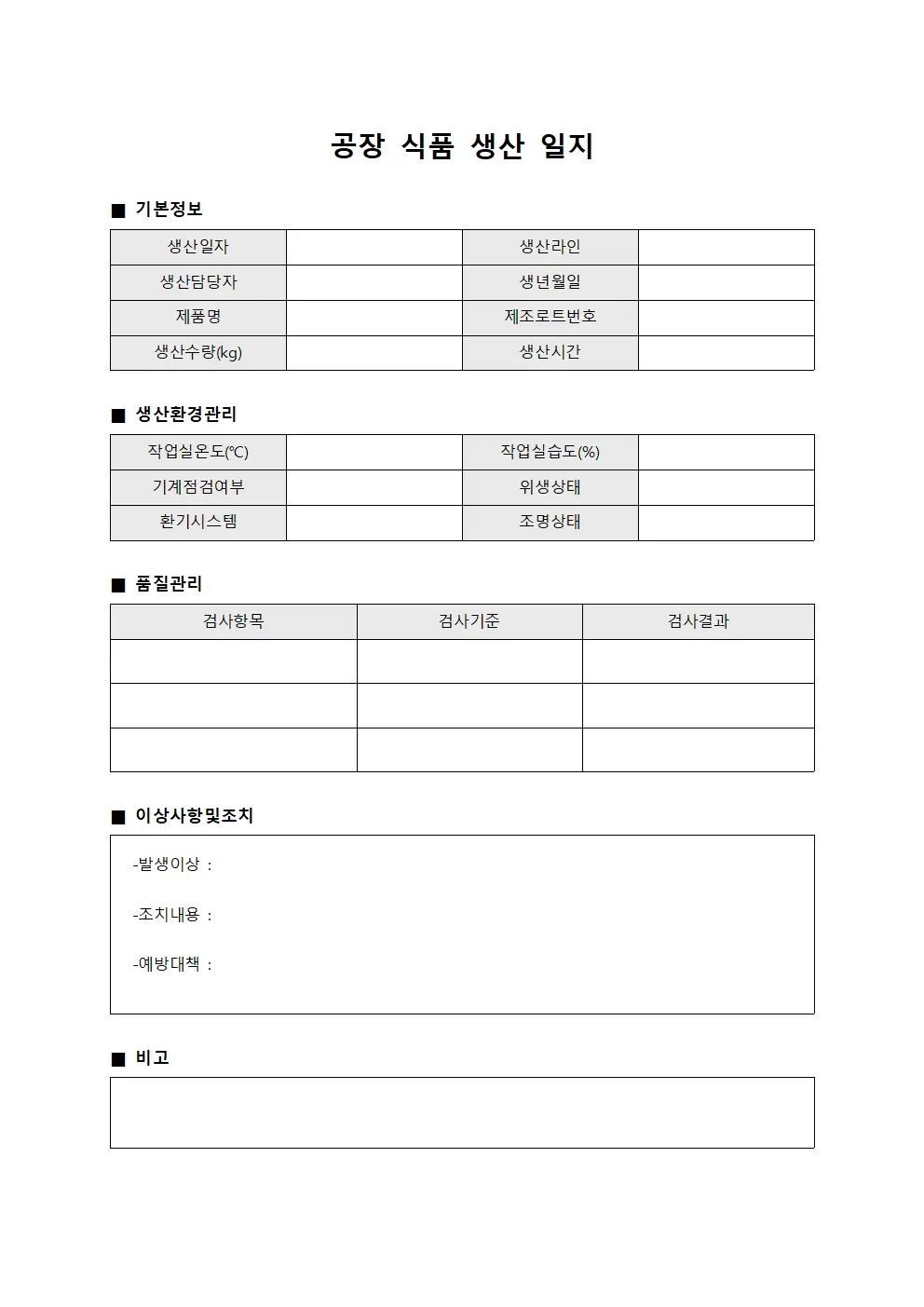 공장 식품 생산 일지