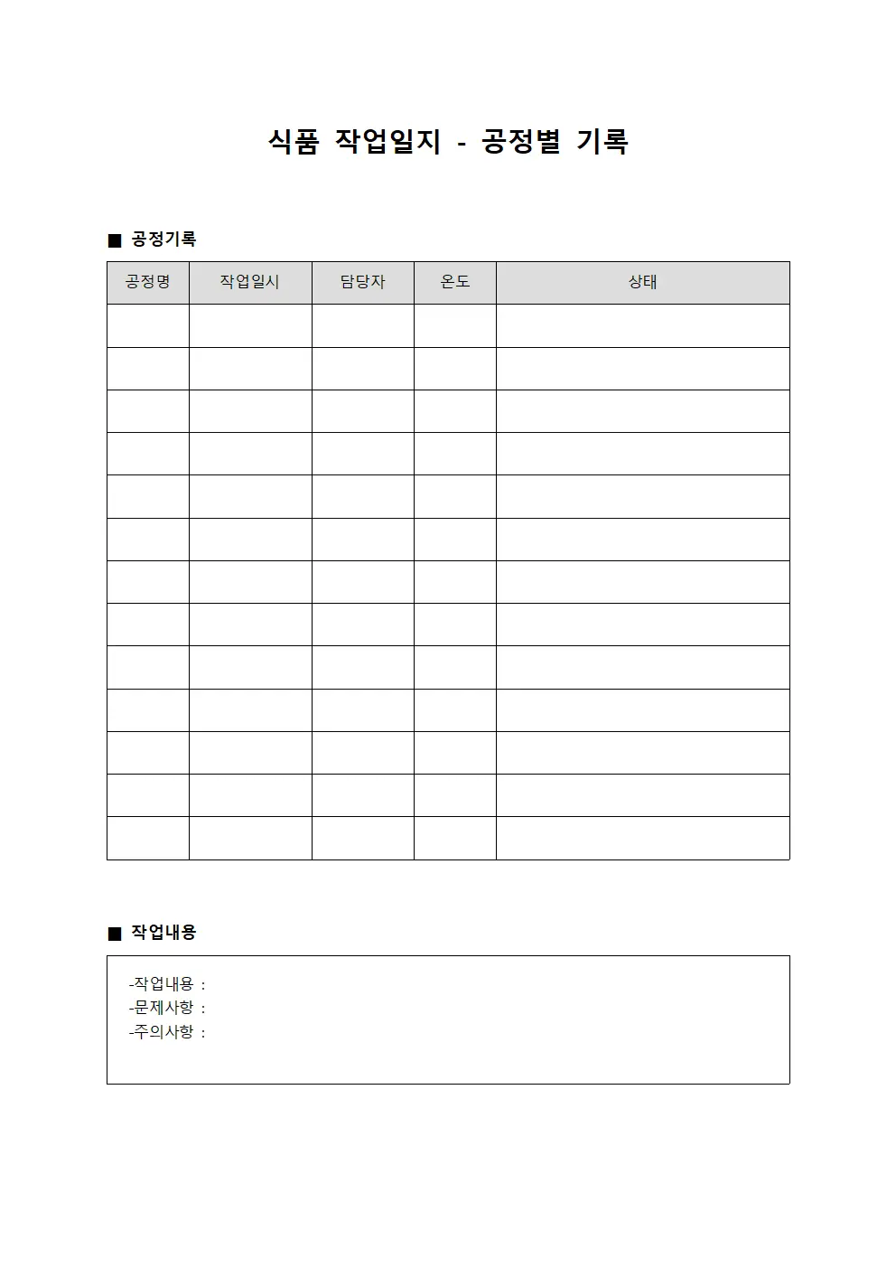 식품 작업일지 - 공정별 기록
