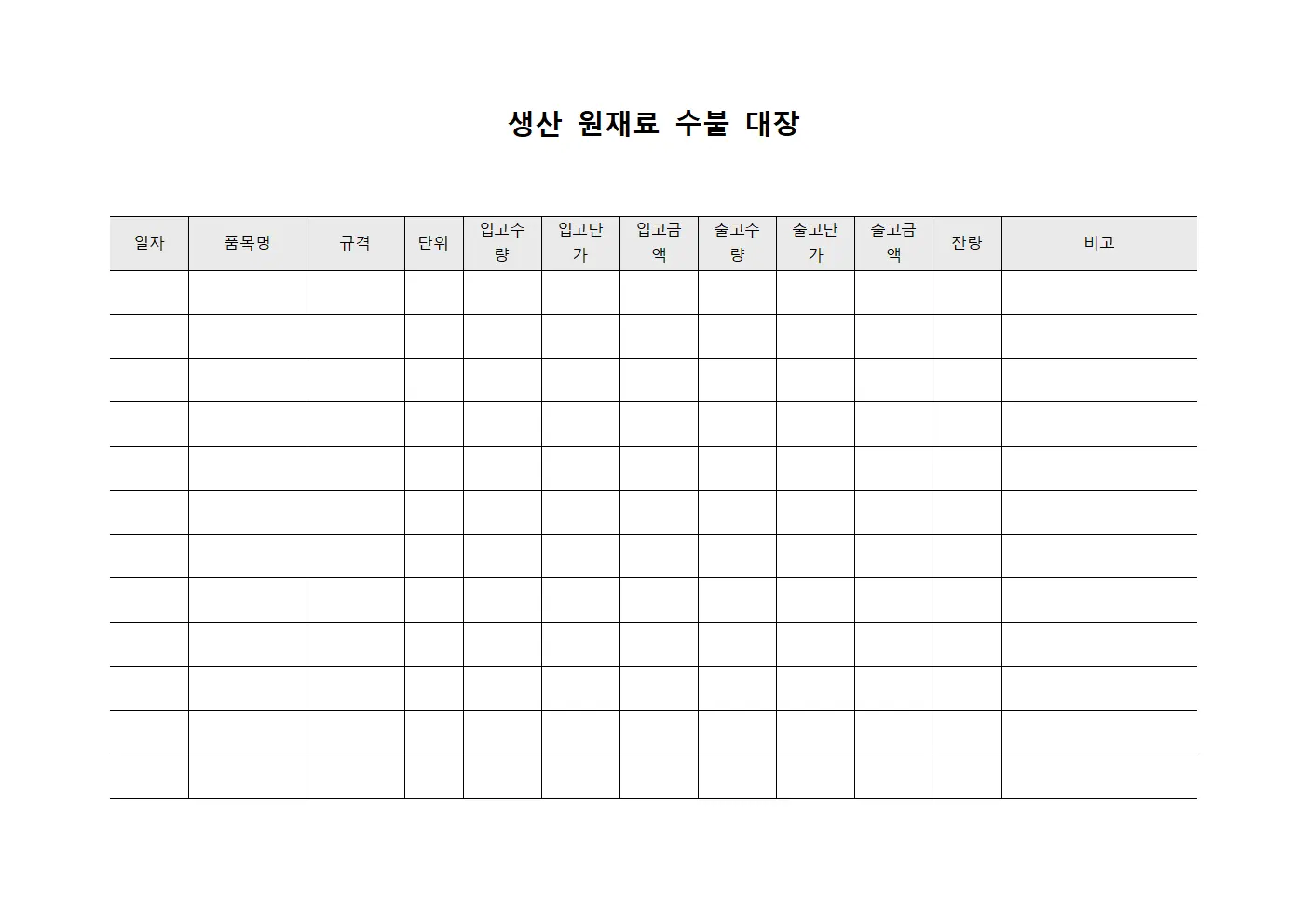 생산 원재료 수불 대장