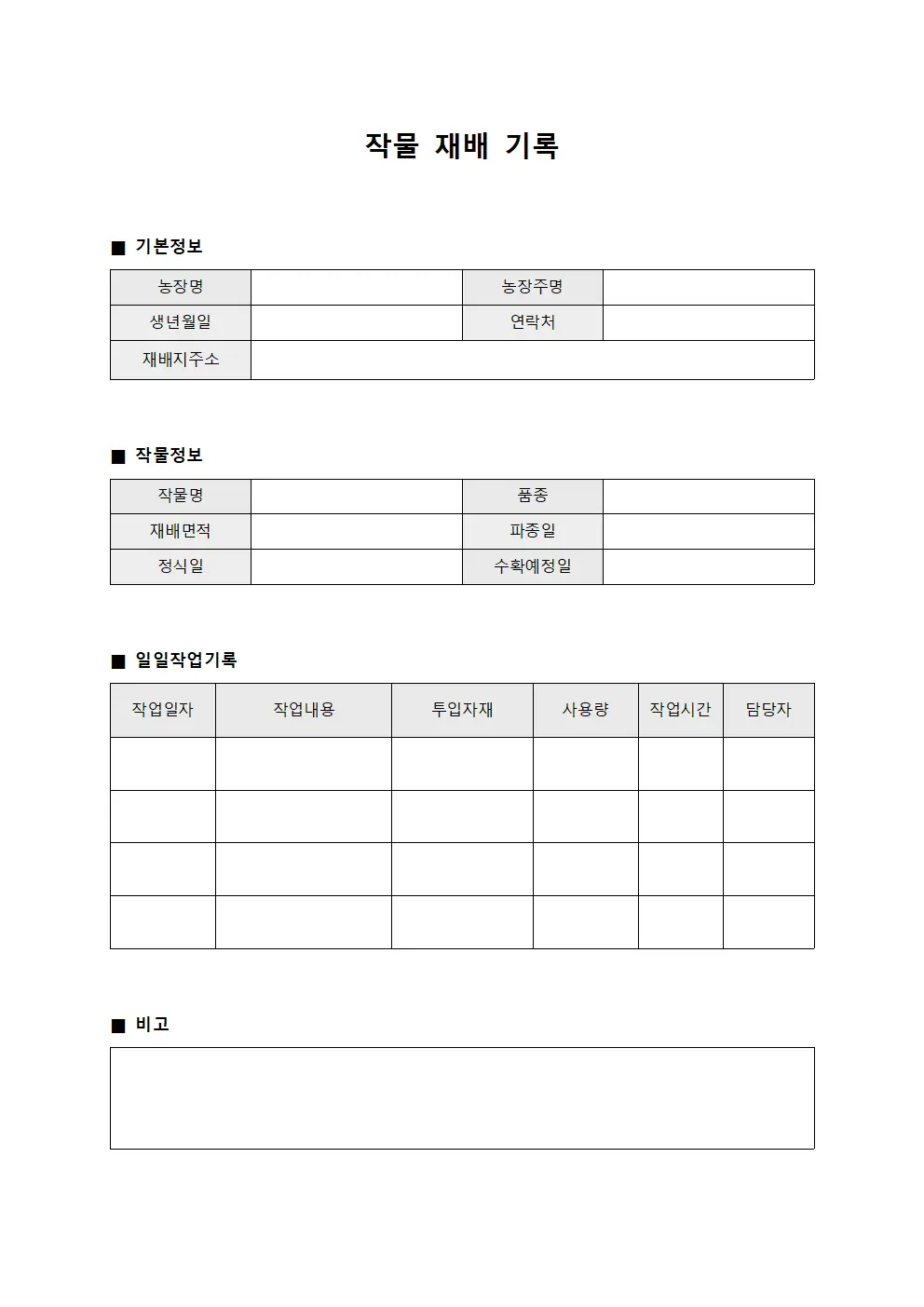 작물 재배 기록 양식파일
