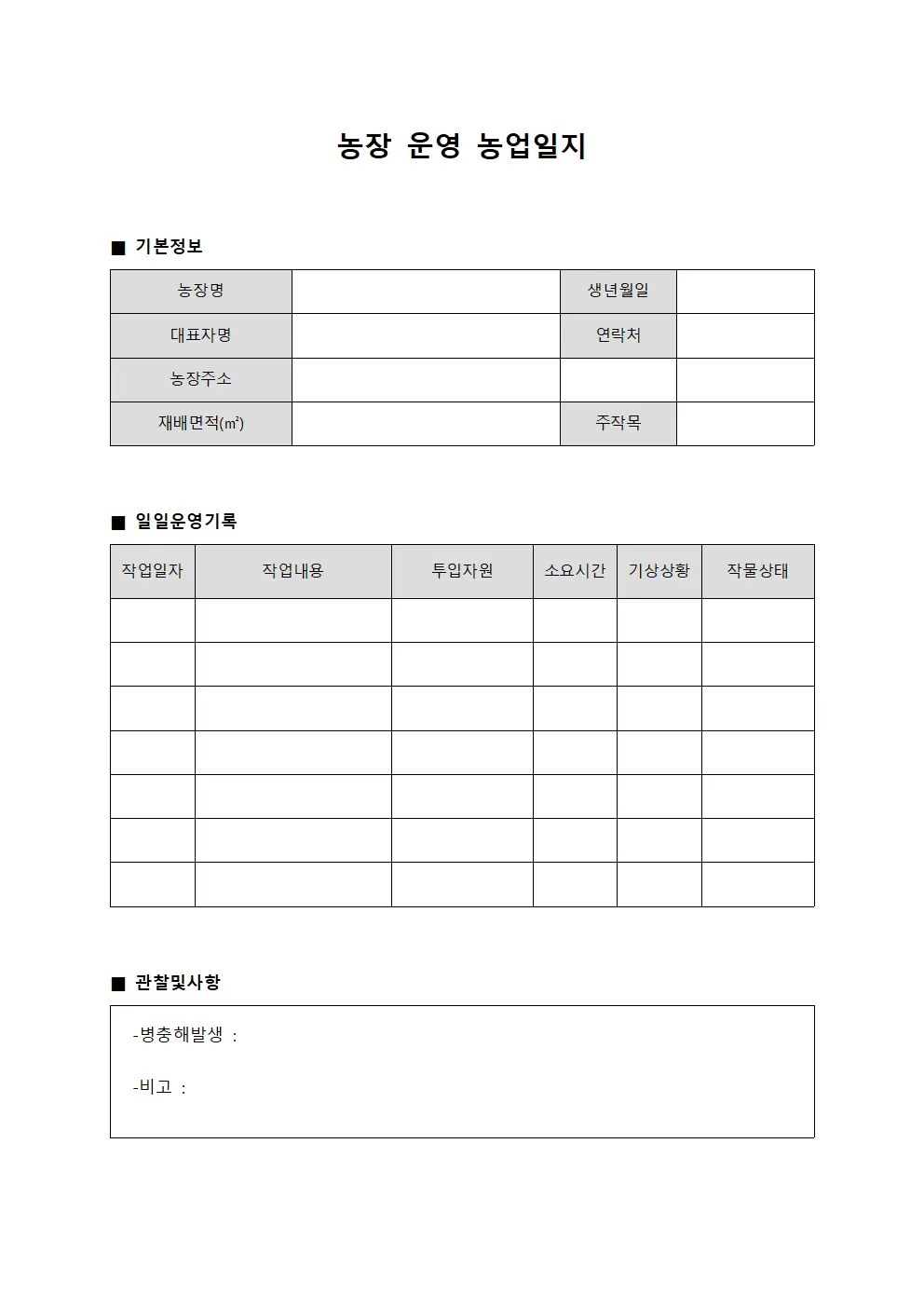 농장 운영 농업일지