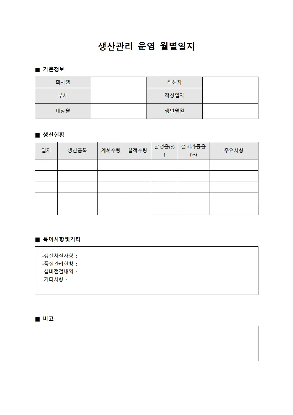 생산관리 운영 월별일지