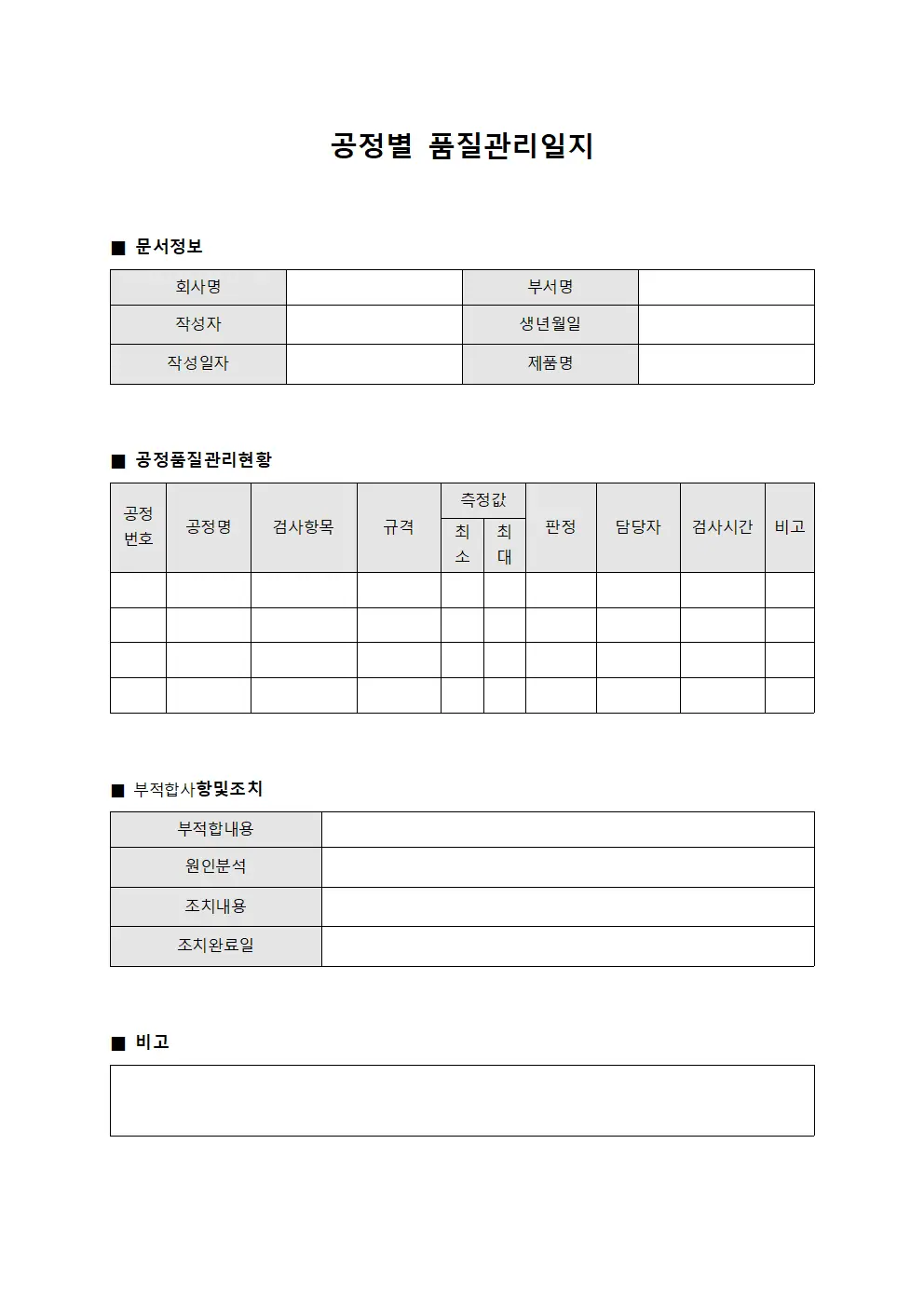 공정별 품질관리일지 문서양식