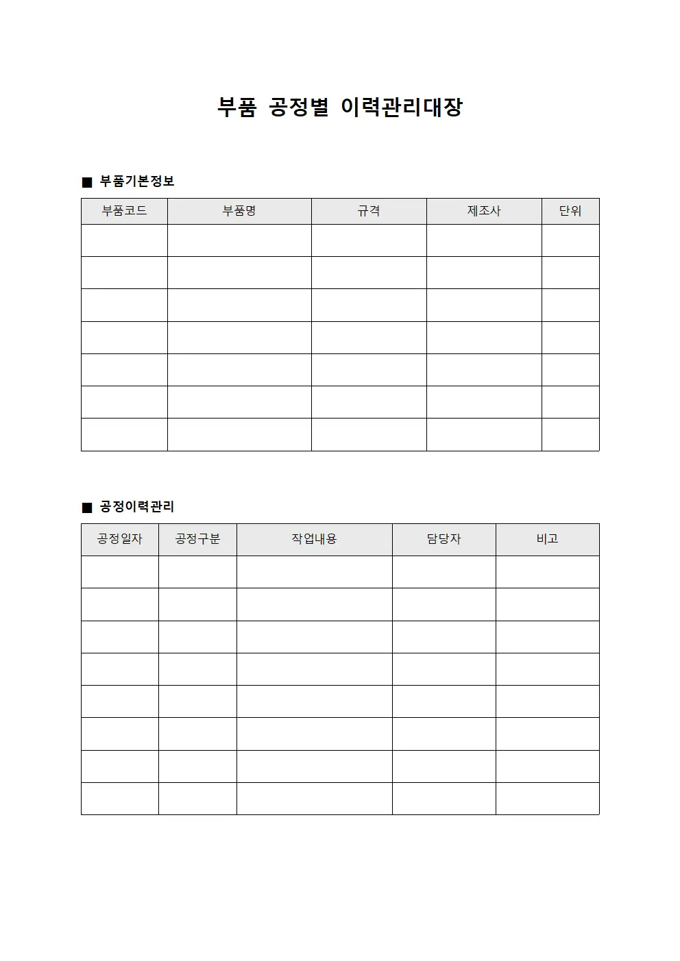 부품 공정별 이력관리대장
