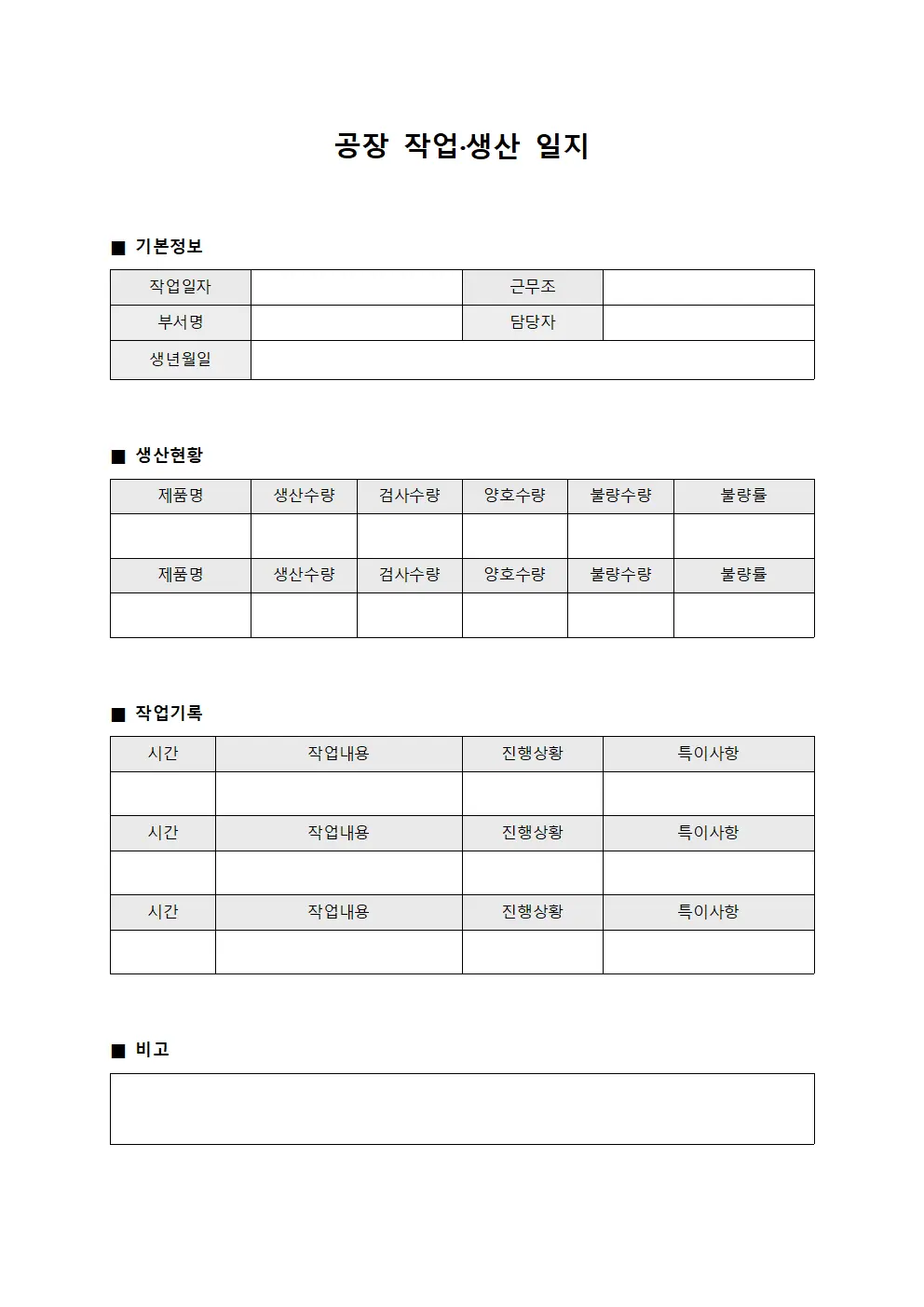 공장 작업·생산 일지 문서서식