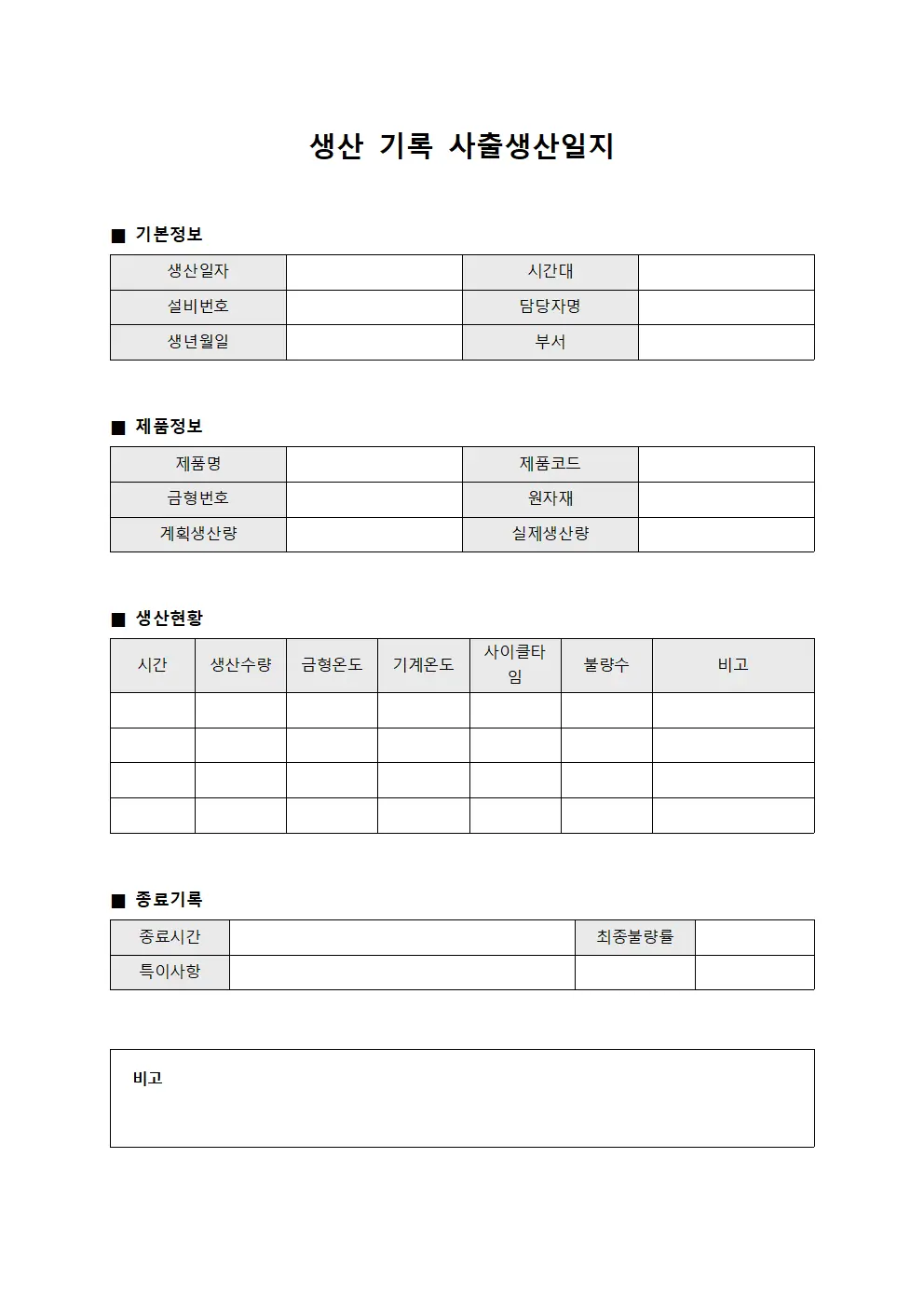 생산 기록 사출생산일지 서식.양식