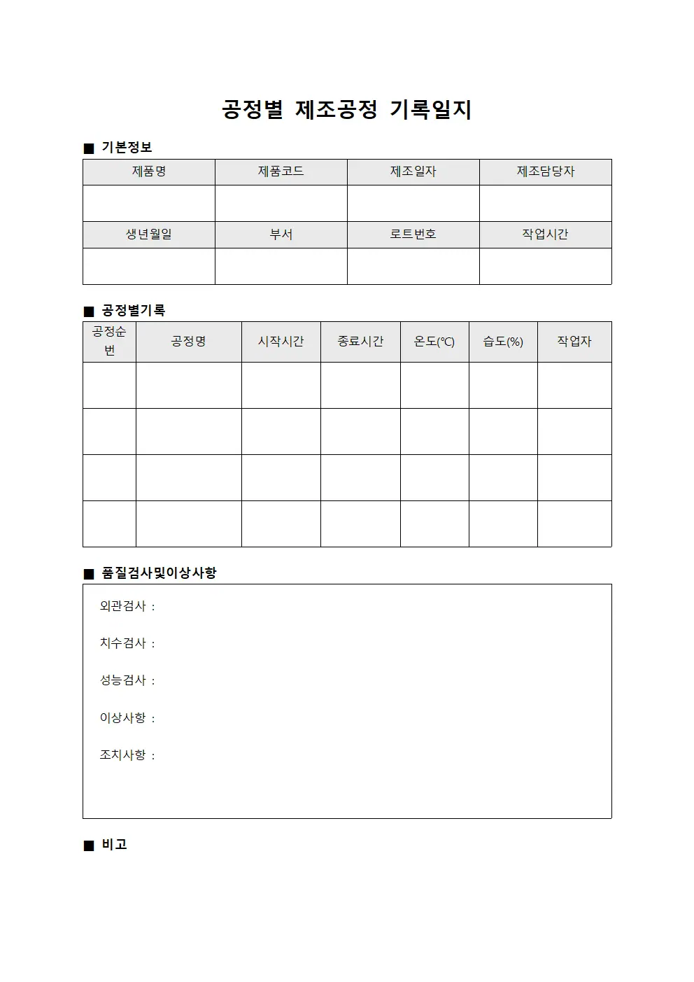 공정별 제조공정 기록일지