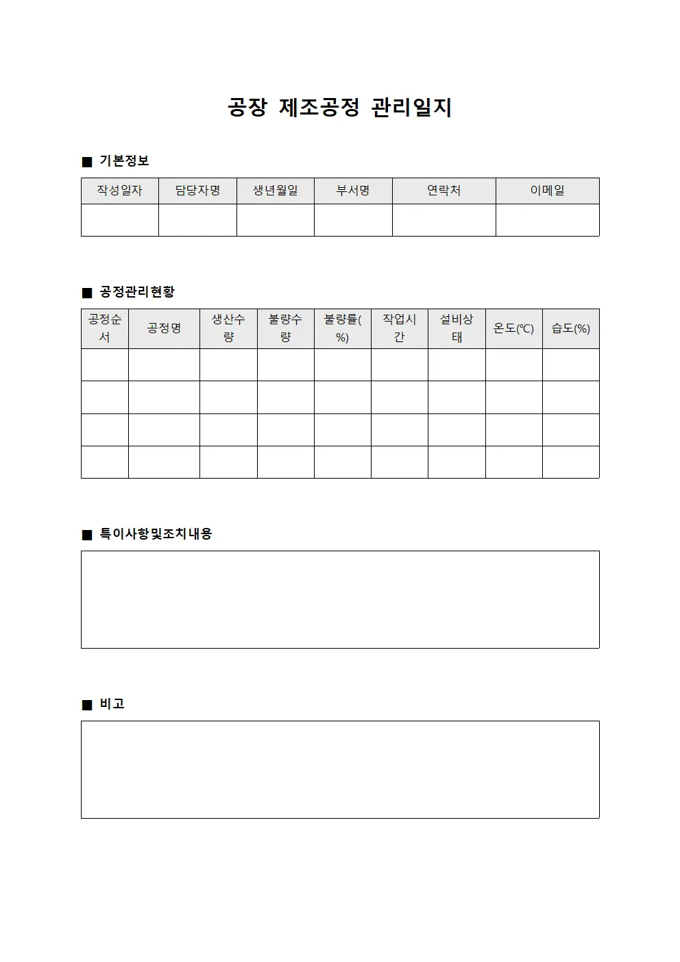 공장 제조공정 관리일지