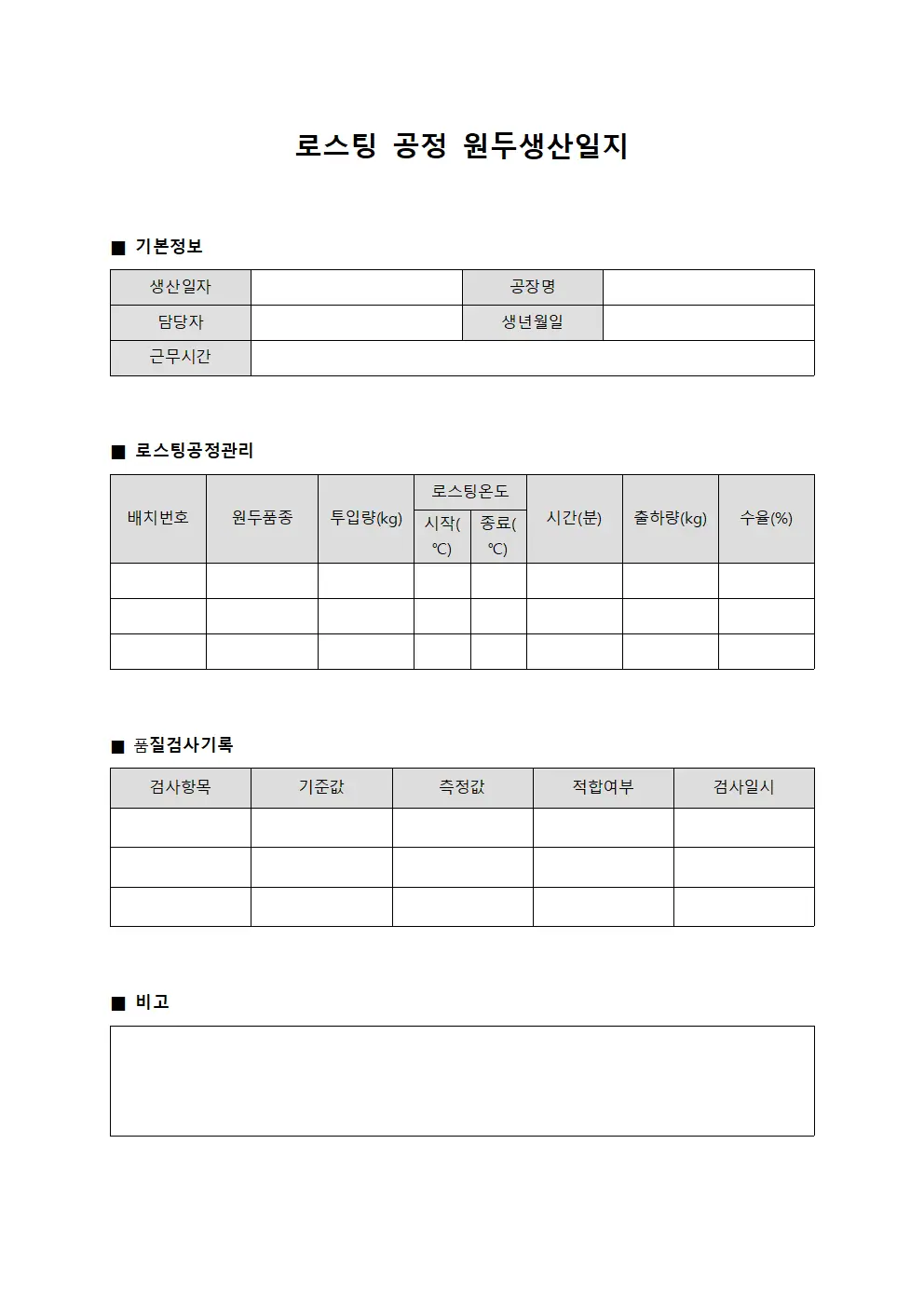 로스팅 공정 원두생산일지