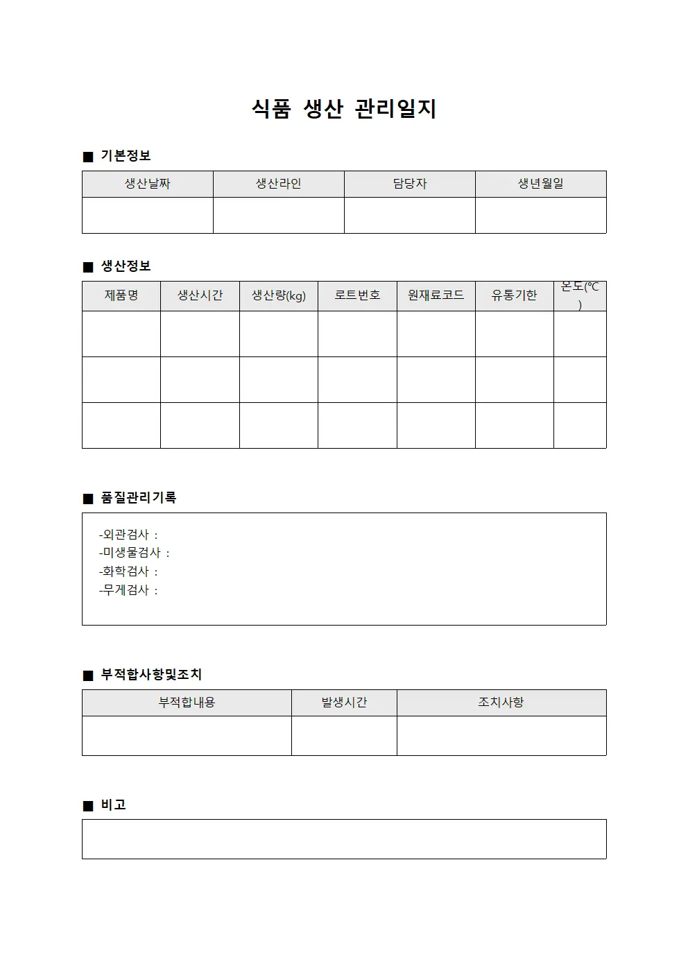 식품 생산 관리일지