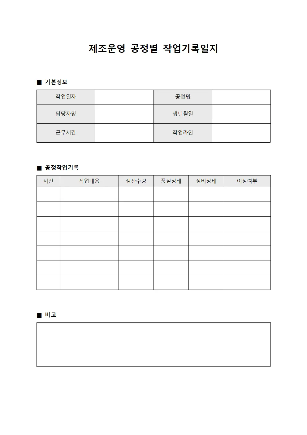 제조운영 공정별 작업기록일지 양식파일