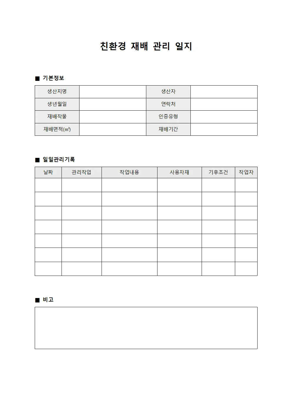 친환경 재배 관리 일지 양식문서
