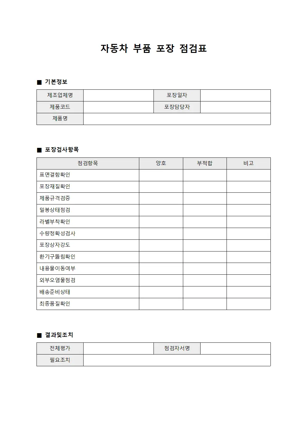 자동차 부품 포장 점검표 문서서식