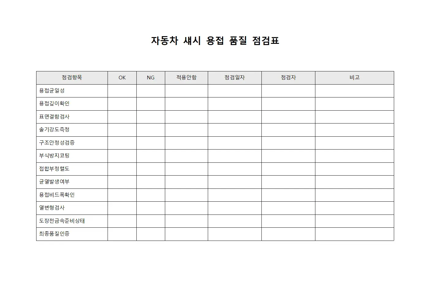 자동차 섀시 용접 품질 점검표