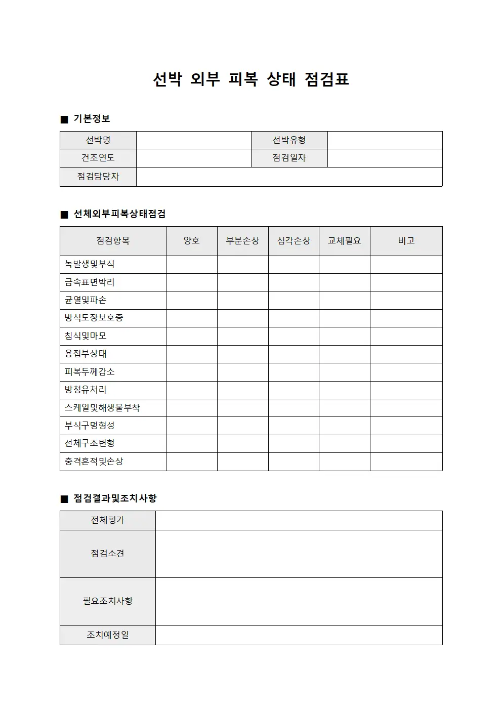 선박 외부 피복 상태 점검표