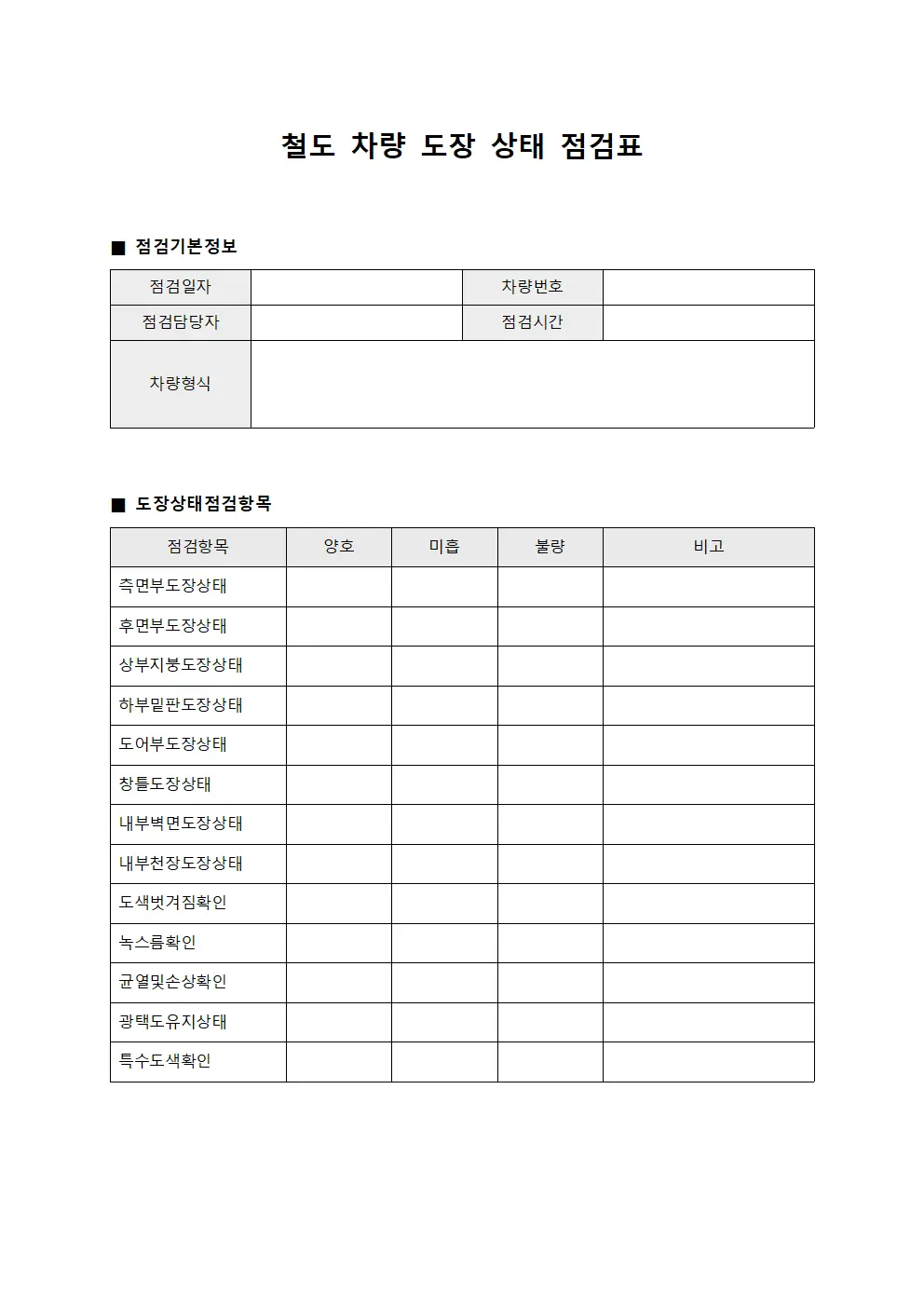 철도 차량 도장 상태 점검표 문서.서식