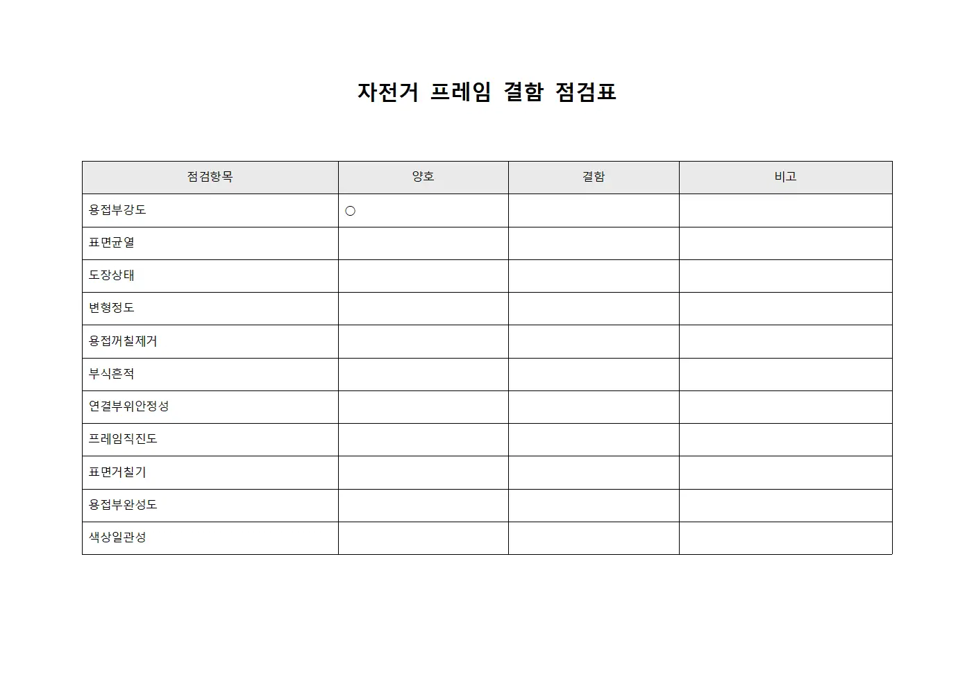 자전거 프레임 결함 점검표