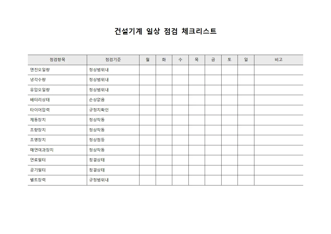 건설기계 일상 점검 체크리스트 파일양식