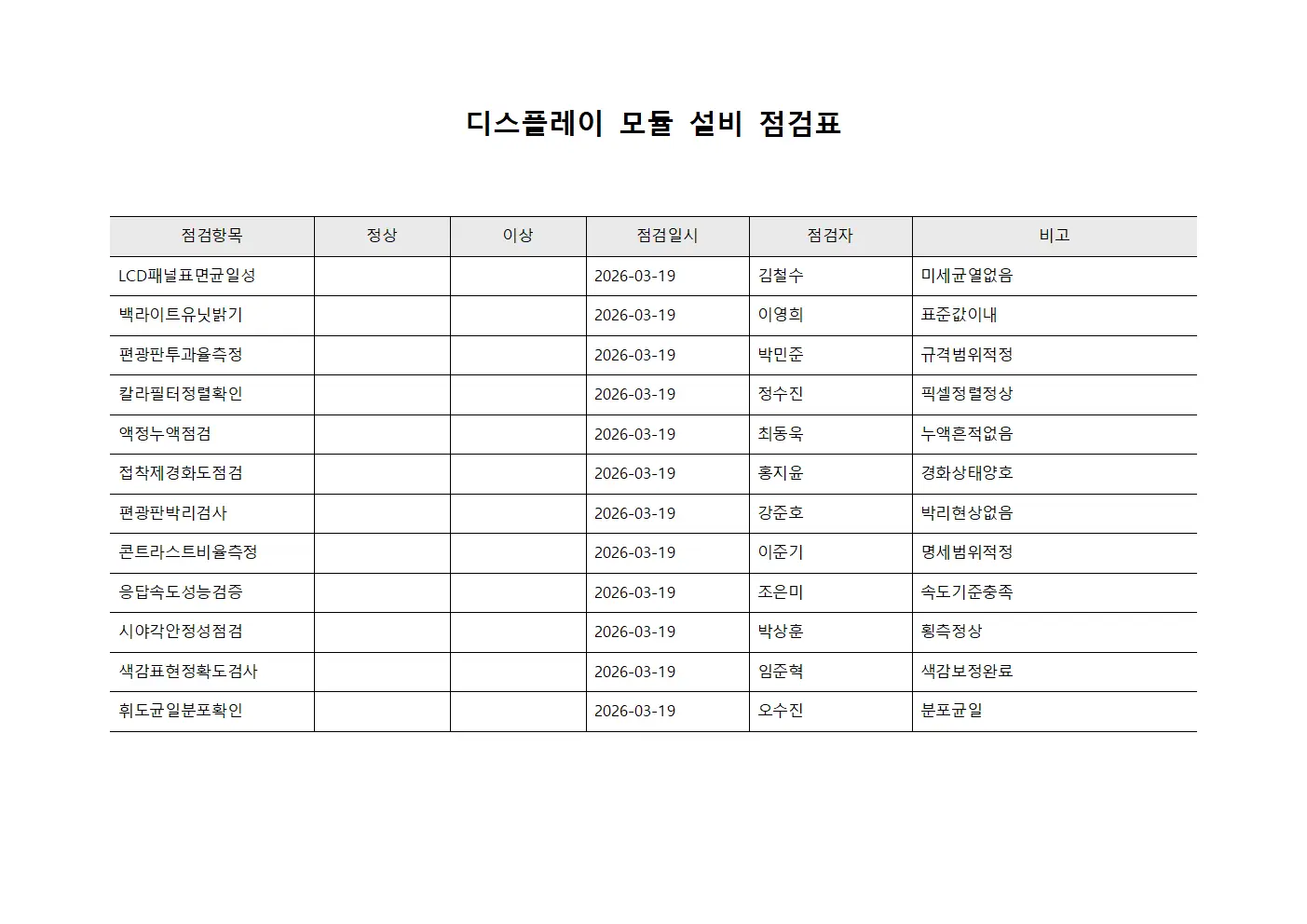 디스플레이 모듈 설비 점검표