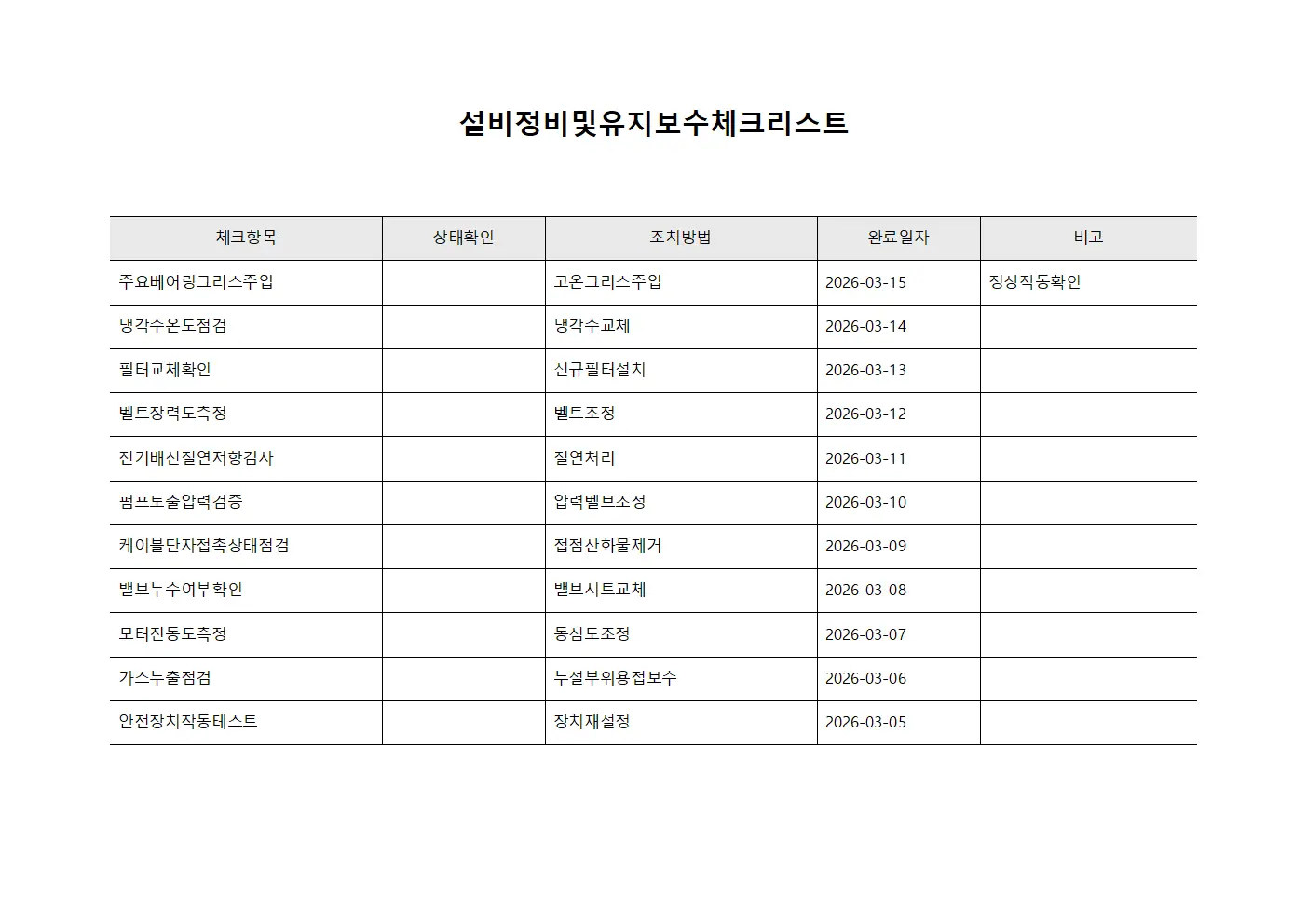 설비정비및유지보수체크리스트