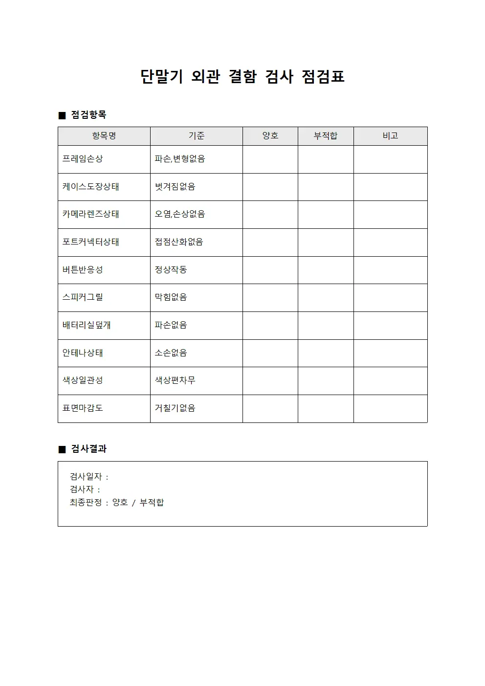 단말기 외관 결함 검사 점검표