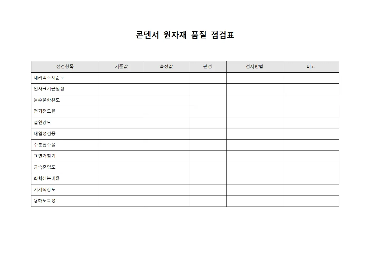 콘덴서 원자재 품질 점검표
