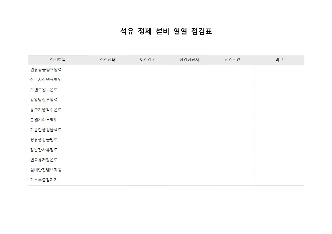 석유 정제 설비 일일 점검표