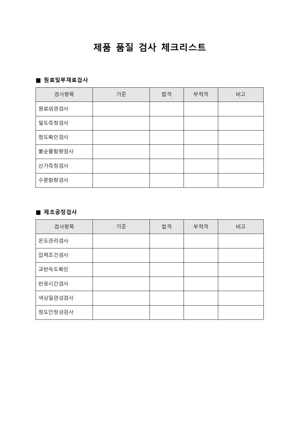 제품 품질 검사 체크리스트