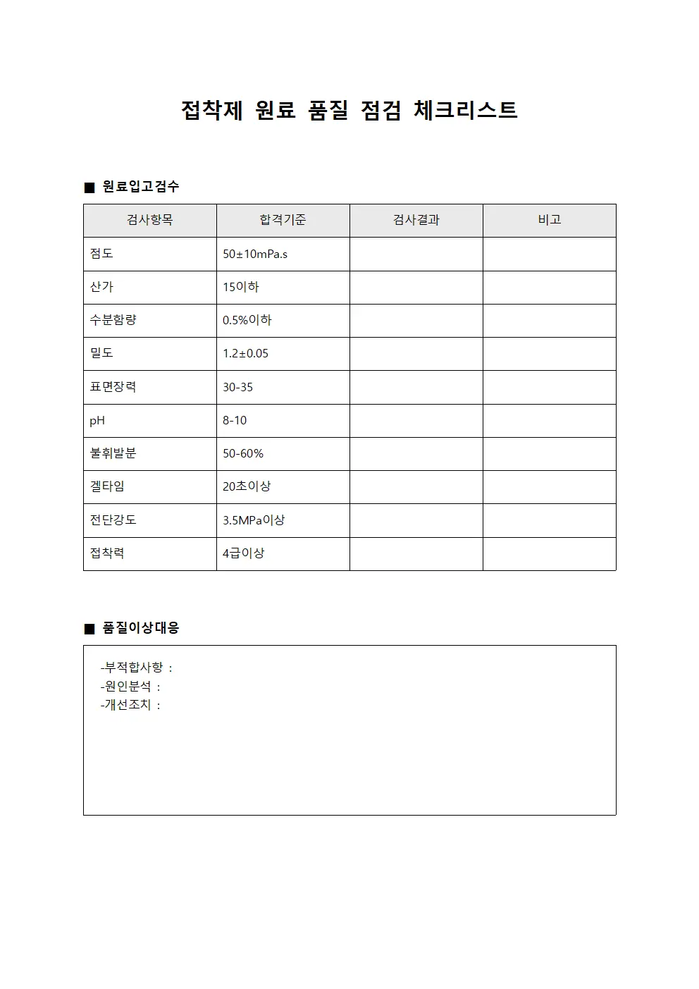 접착제 원료 품질 점검 체크리스트